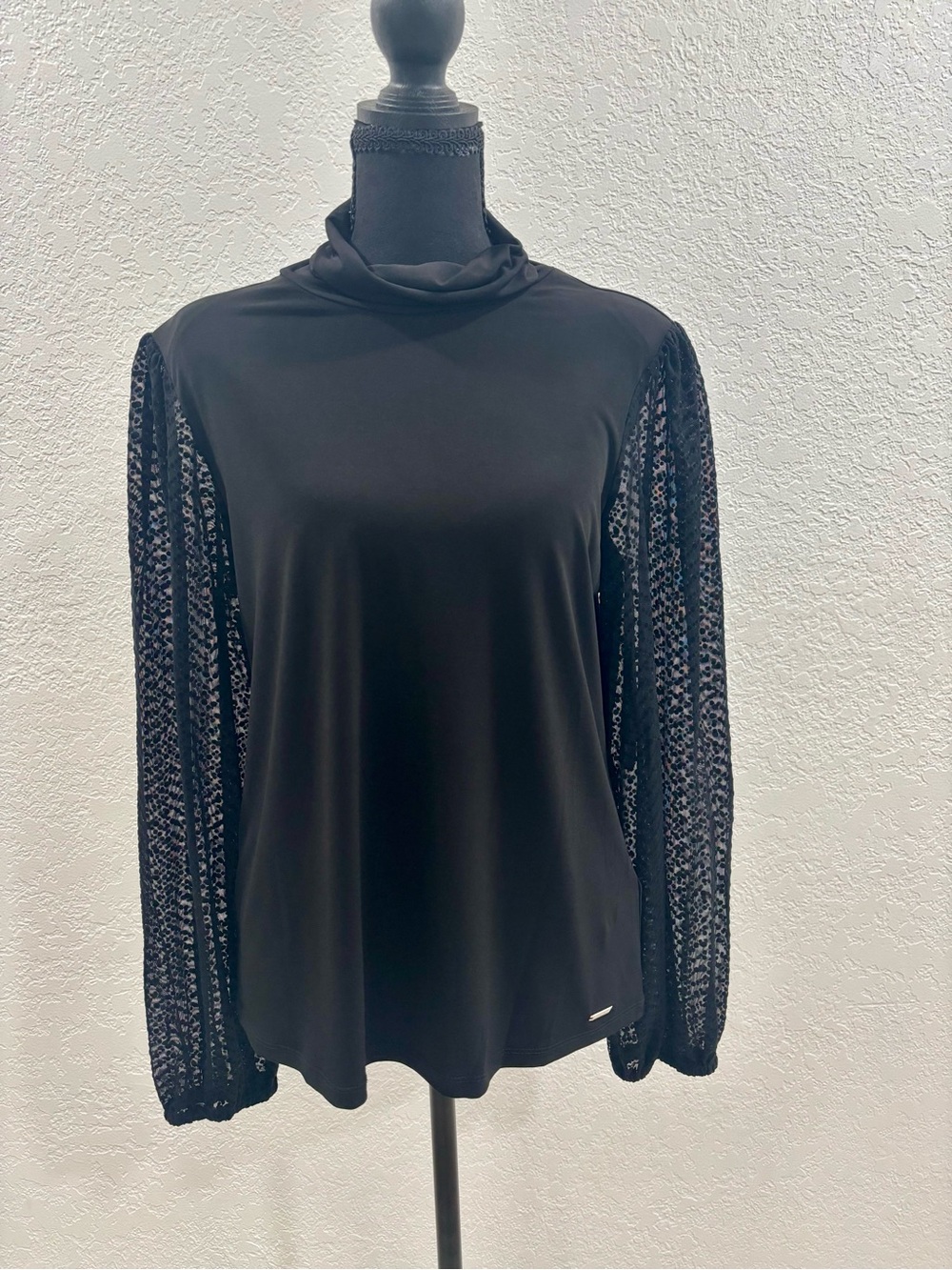 Calvin Klein Black Mock Neck Top with Lace Long Sleeves